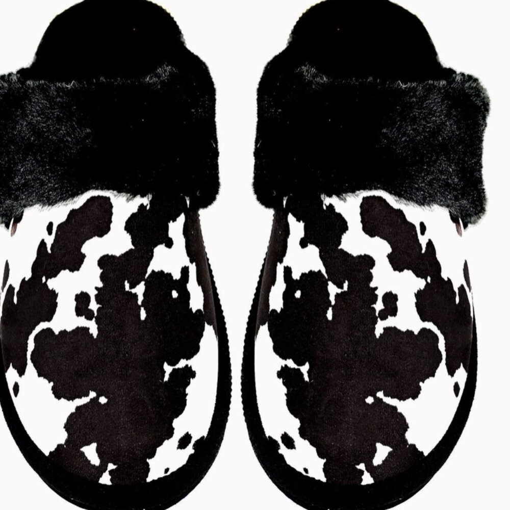 Cow Print Faux Fur C.C Slippers size small fits 6-8